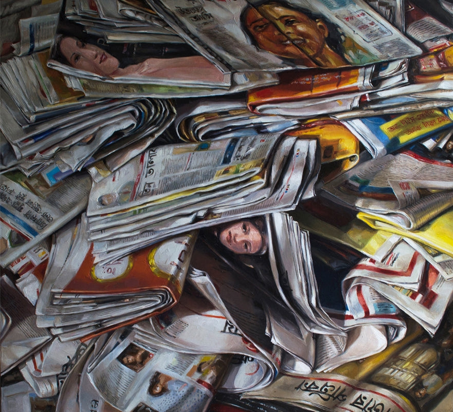Folded News Paper' contemporary oil painting by artist Dhananjoy Ghosh, 42x49 inch, on canvas