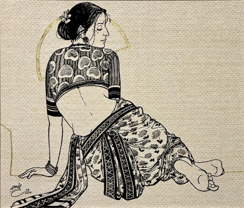 Folded In Time 1' figurative mixed-media painting by artist Ramchandra S Kharatmal, 24x30 inch, on jucard textile