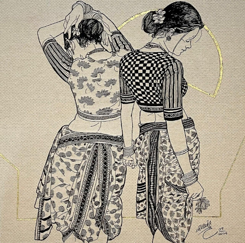 Folded In Time 2' figurative mixed-media painting by artist Ramchandra S Kharatmal, 30x30 inch, on jucard textile