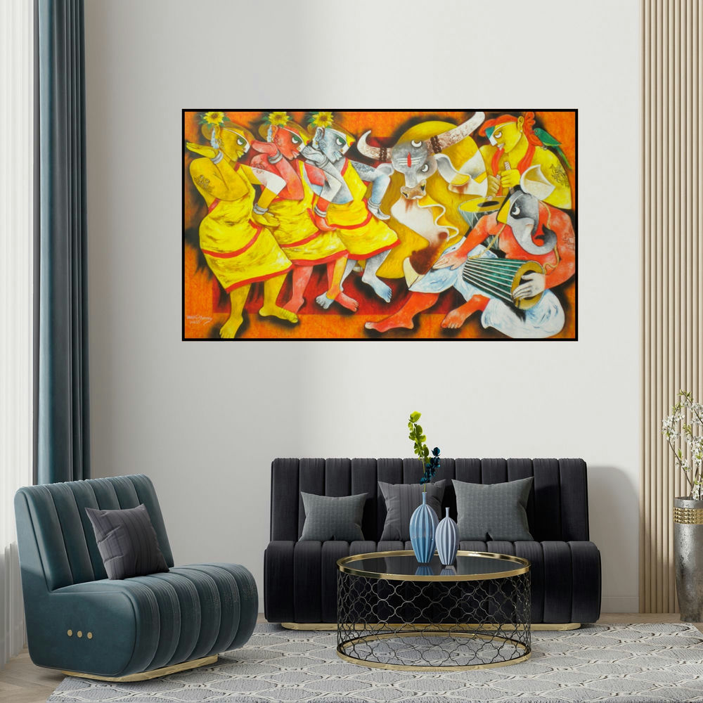 Uttam Manna's 'Folk Dance 10' painting visualized above a sofa in a contemporary room.