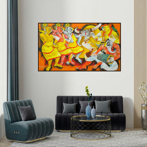 Uttam Manna's 'Folk Dance 10' painting visualized above a sofa in a contemporary room.