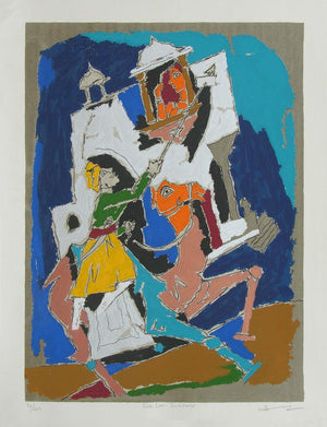 Folk Lore Jaisalmer (The Galloping Rider) by M F Husain, Serigraph Serigraphs Figurative Painting on Paper, Medium Vertical Wall Art