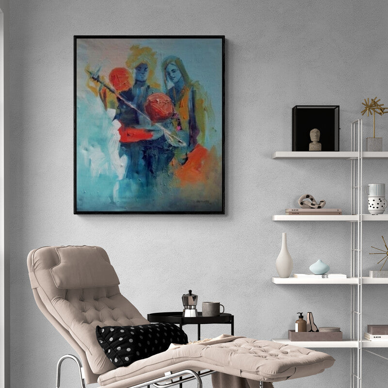 In-situ view of Kariyappa Hanchinamani's 'Folk Musicians' painting in a room