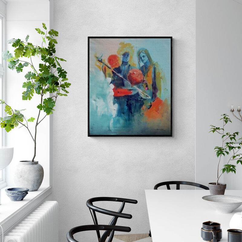 Preview of 'Folk Musicians' Painting by Kariyappa Hanchinamani shown on a wall in a furnished room.