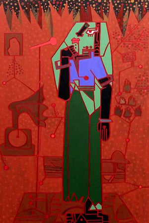 Folk Studio 14 (The M Show) by Anup Shrivastav, Original Acrylic Figurative Painting on Canvas, Large Vertical Wall Art