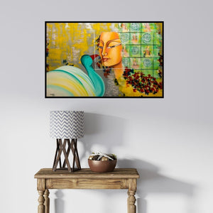 In-situ view of Deepali Mundra's 'Fondness (Woman and Peacock)' painting in a room