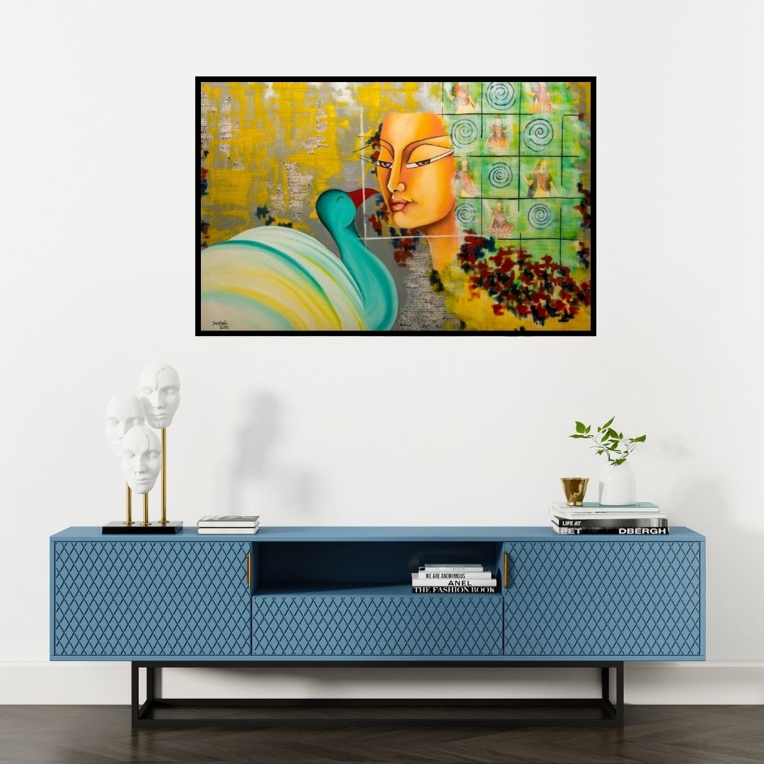 Preview of 'Fondness (Woman and Peacock)' Painting by Deepali Mundra shown on a wall in a furnished room.