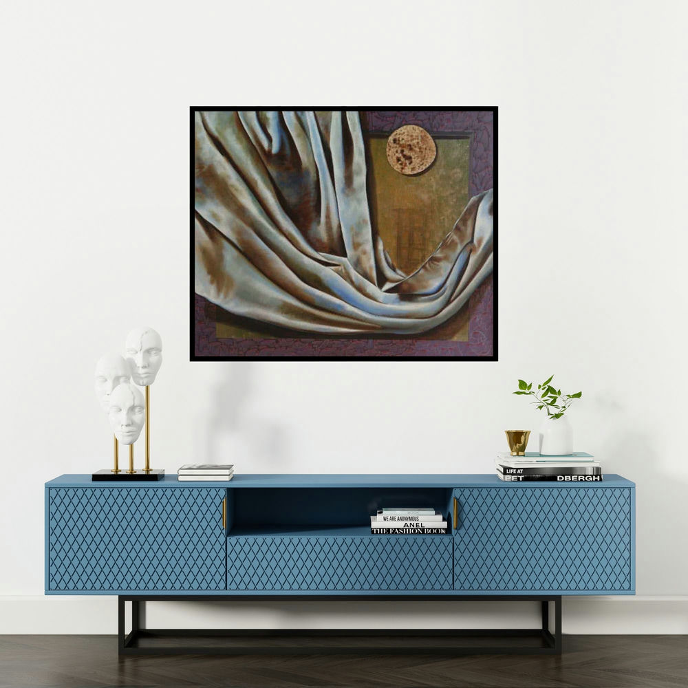 Nitin Marde's 'Food Cloth And Shelter (Food, Cloth, and Shelter)' painting visualized above a sofa in a contemporary room.