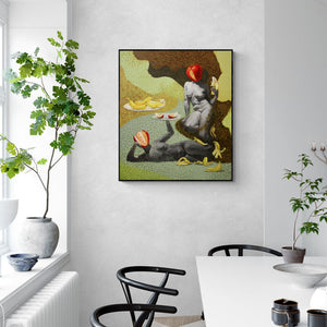 Preview of 'Forbidden Feast 2 (The Feast of the Senses)' Painting by Mansi Sagar shown on a wall in a furnished room.