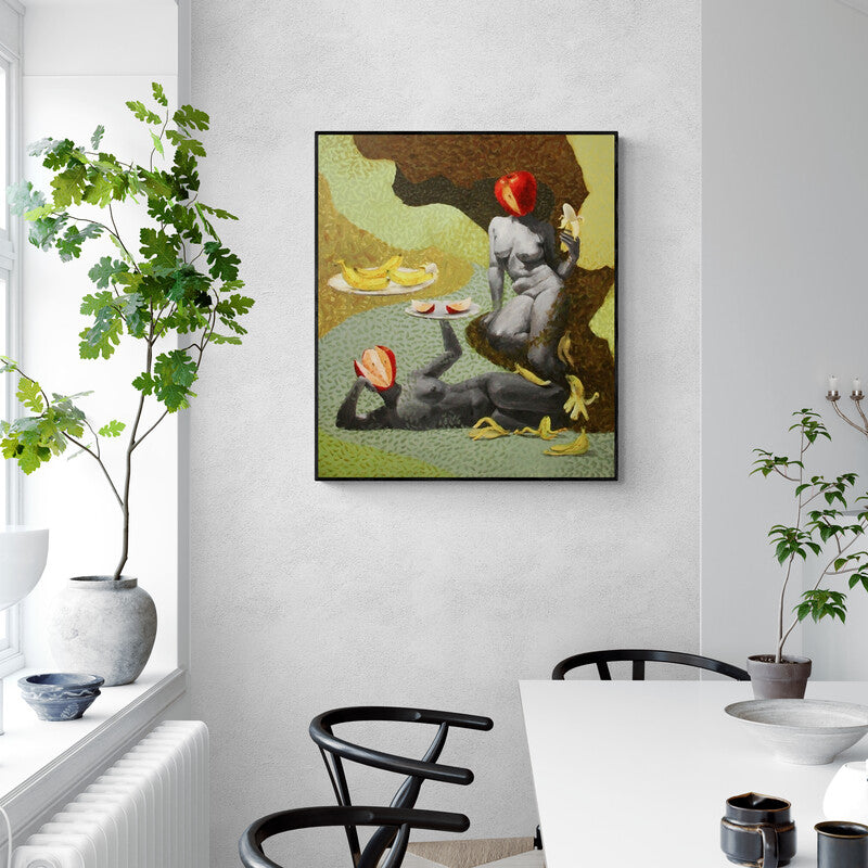 Preview of 'Forbidden Feast 2 (The Feast of the Senses)' Painting by Mansi Sagar shown on a wall in a furnished room.