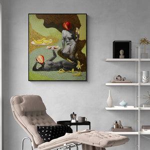 Mansi Sagar's painting 'Forbidden Feast 2 (The Feast of the Senses)' displayed in a modern living room setting