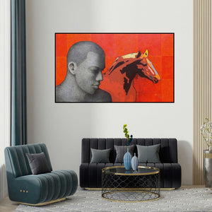 Rajan Raghavan's 'Force 21' painting visualized above a sofa in a contemporary room.