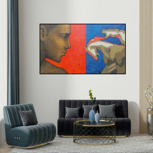 Rajan Raghavan's 'Force 22 (The Encounter)' painting visualized above a sofa in a contemporary room.