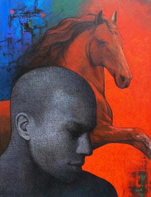 Force 27 (The Inner Rider) by Rajan Raghavan, Original Acrylic Figurative Painting on Canvas, Large Vertical Wall Art