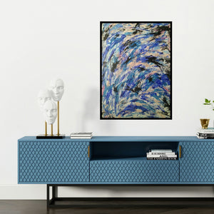 'Force Of Life (Azure Vortex)' painting by Devirani Dasgupta shown on a wall in a furnished room.