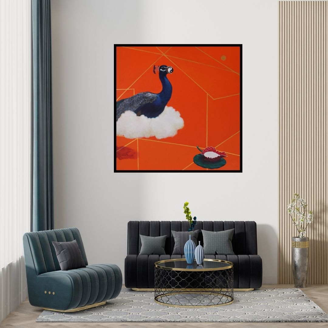 Preview of 'Forecast (Unlocking Transformation)' Painting by Javed Mulani shown on a wall in a furnished room.