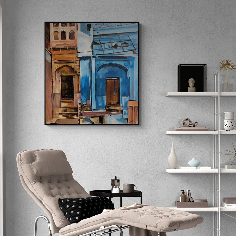 Preview of 'Forgotten Alleys' Painting by Shagufta Mehdi shown on a wall in a furnished room.