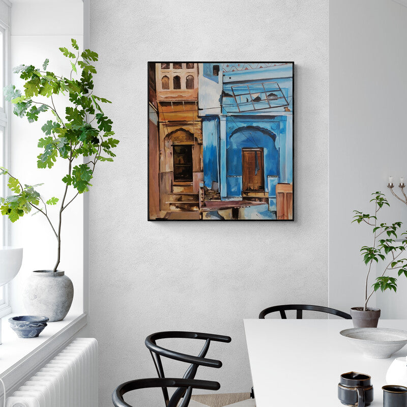 Shagufta Mehdi's painting 'Forgotten Alleys' displayed in a modern living room setting