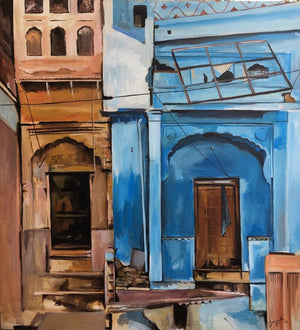 Cityscape acrylic painting titled 'Forgotten Alleys', 36x33 inches, by artist Shagufta Mehdi on canvas