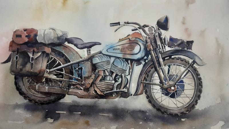 Transportation watercolor painting titled 'Forgotten Rusted Old motorcycle', 16x12 inches, by artist Mrutyunjaya Dash on paper