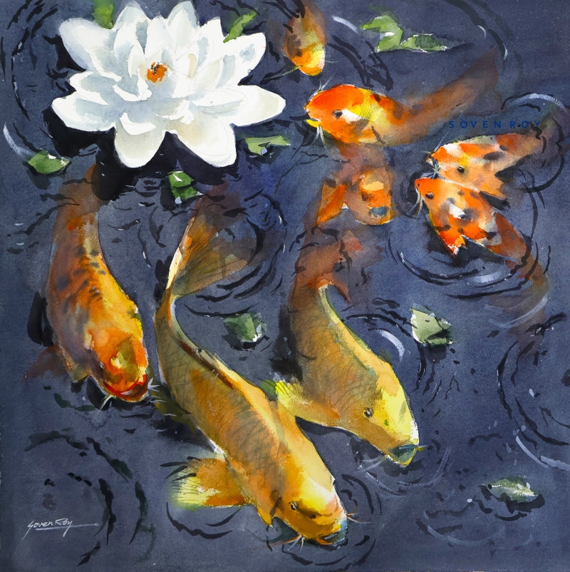 Fortune Fish' animals watercolor painting by artist Soven Roy, 22x22 inch, on paper