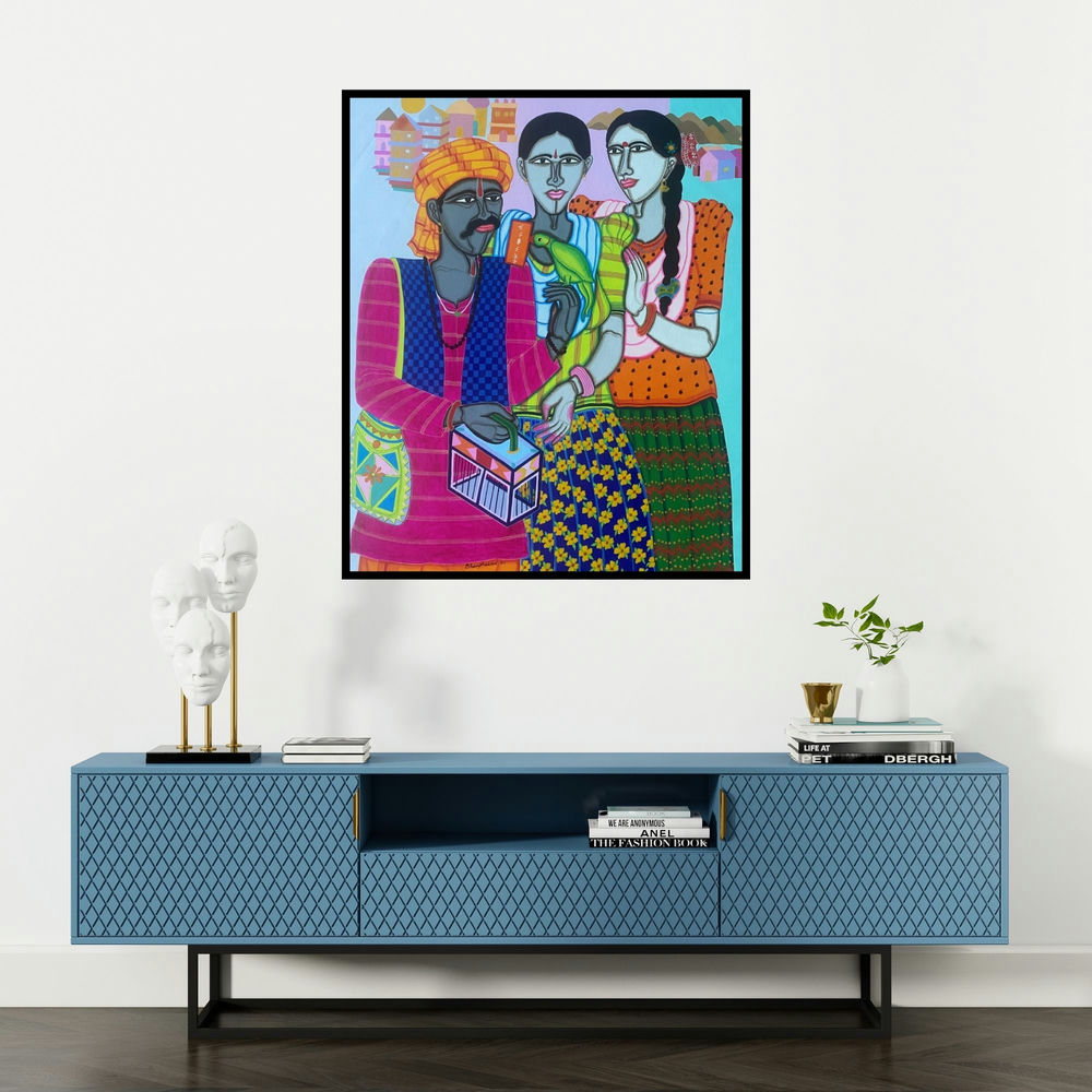 Dhan Prasad's 'Fortune Teller 1' painting visualized above a sofa in a contemporary room.