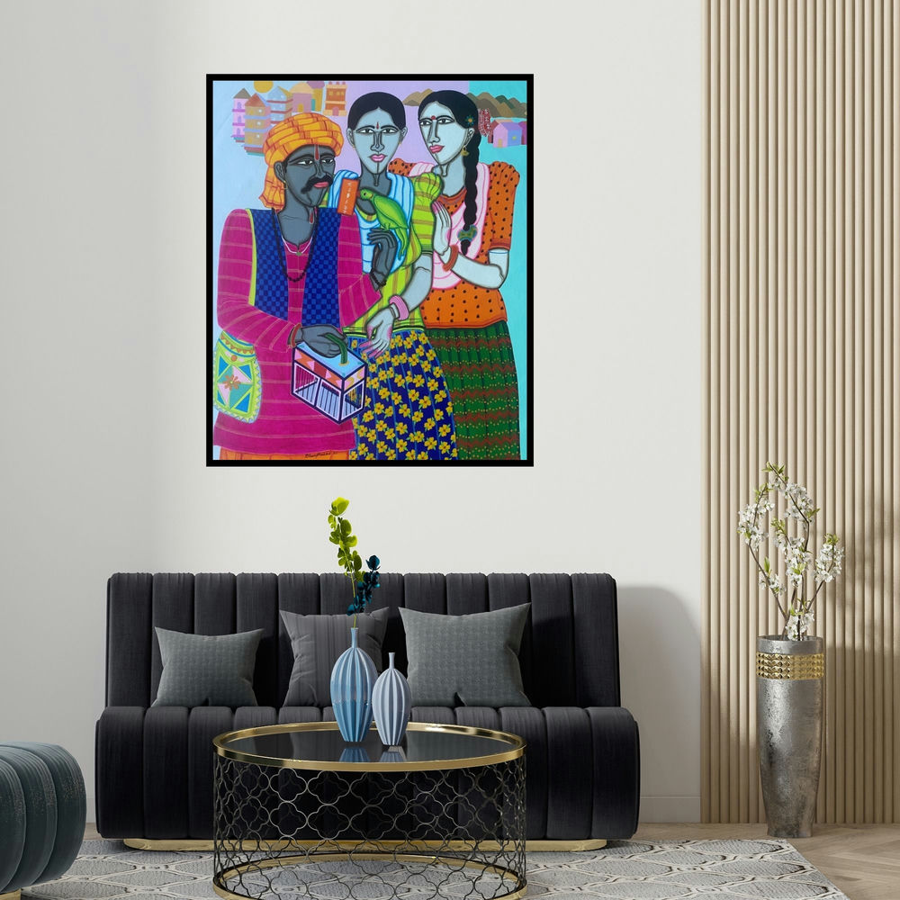 'Fortune Teller 1' painting by Dhan Prasad shown on a wall in a furnished room.