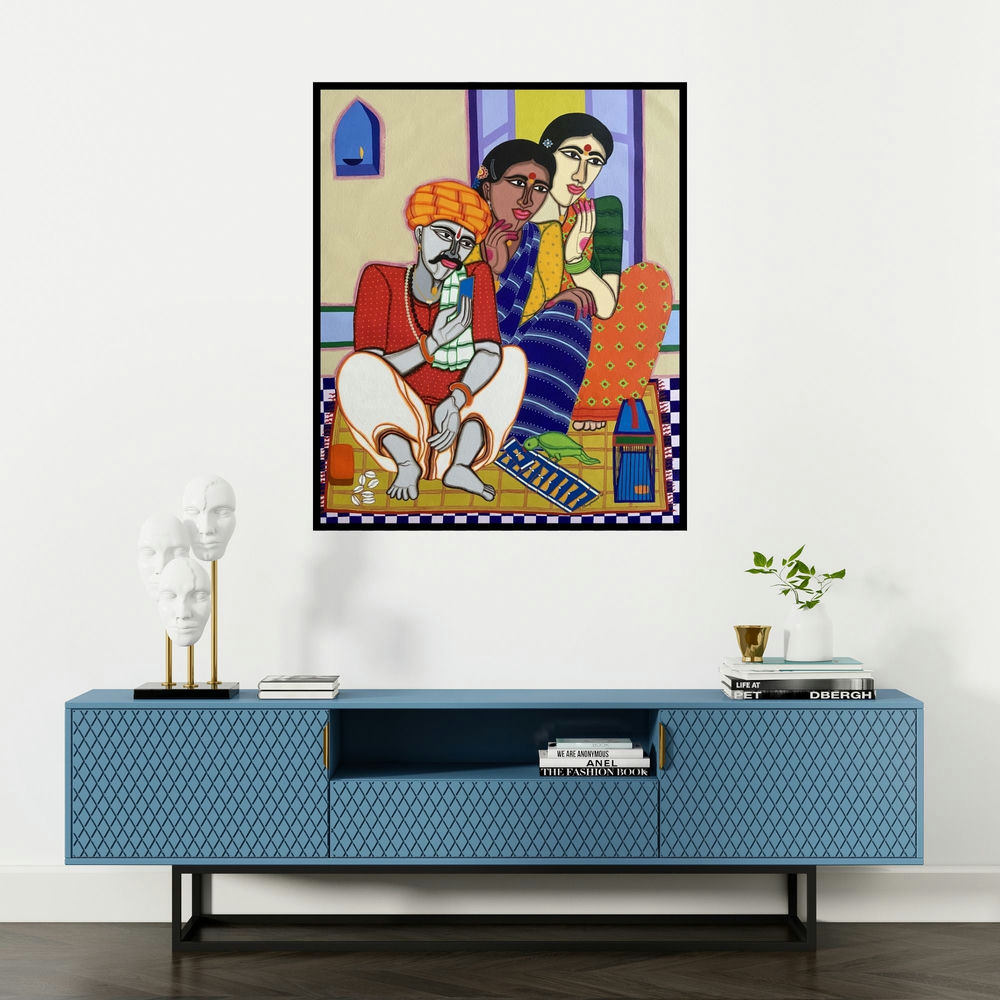 Dhan Prasad's 'Fortune Teller 3' painting visualized above a sofa in a contemporary room.