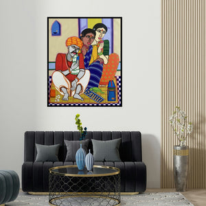 'Fortune Teller 3' painting by Dhan Prasad shown on a wall in a furnished room.