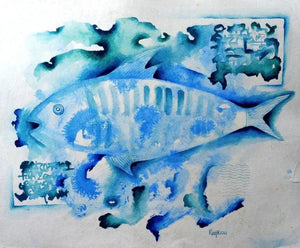 Fossil Series 2 (Oceanic Dreamscape**) by Ranjith Raghupathy, Original Watercolor Animal Painting on Paper, X-Small Horizontal Wall Art