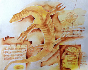 Fossil Series 4 (Ancient Echoes**) by Ranjith Raghupathy, Original Watercolor Figurative Painting on Paper, X-Small Horizontal Wall Art