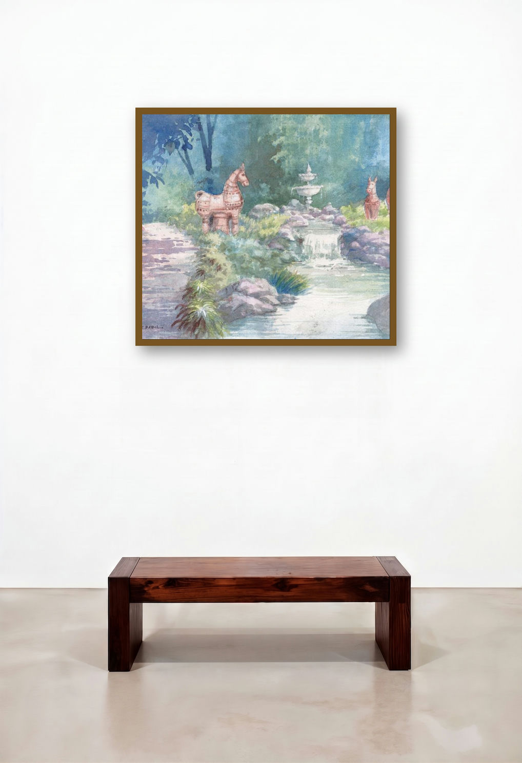 Fountain In A Park (Equine Echoes) by artist Sankara Babu displayed in a Traditional Home Office