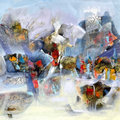 Fragments In Flow 1' abstract acrylic painting by artist Dilip Mali, 36x48 inch, on canvas