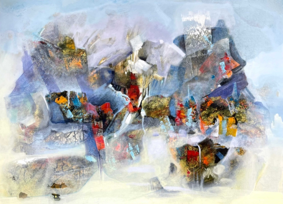 Fragments In Flow 1' abstract acrylic painting by artist Dilip Mali, 36x48 inch, on canvas