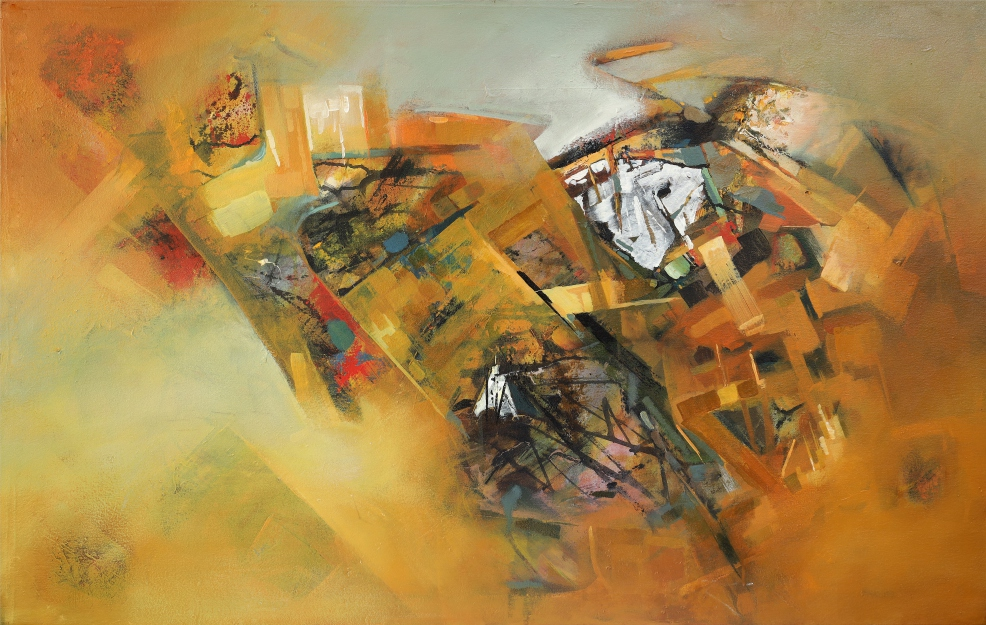 Fragments In Flow 2' abstract acrylic painting by artist Dilip Mali, 30x48 inch, on canvas