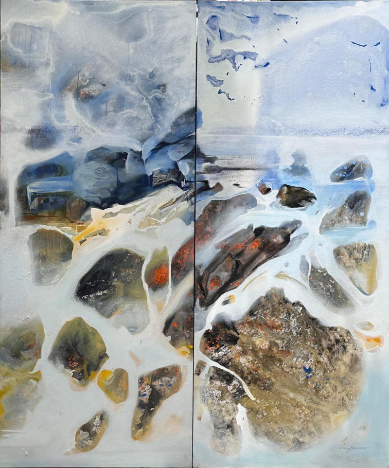 Fragments In Flow (Diptych)' abstract acrylic painting by artist Dilip Mali, 72x60 inch, on canvas