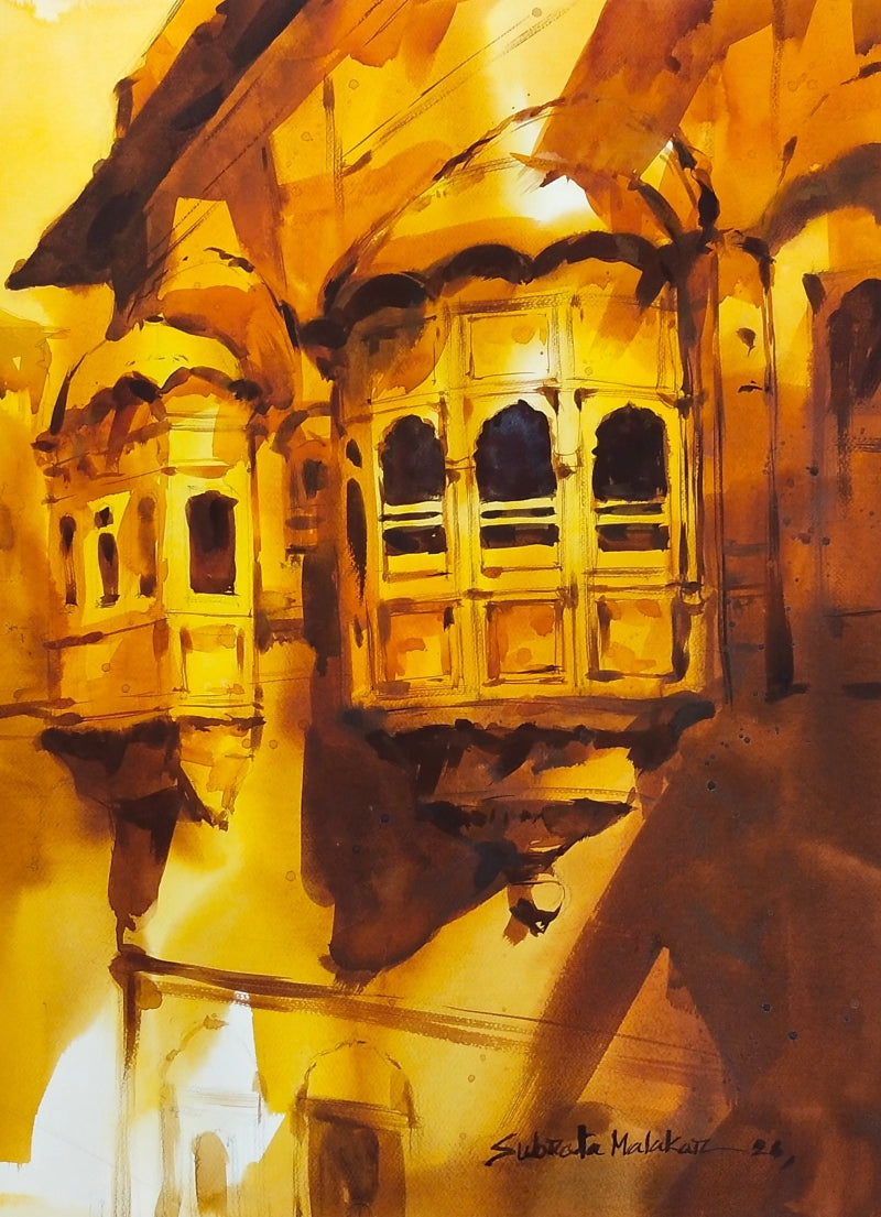 Fragments Of Heritage' cityscape watercolor painting by artist Subrata Malakar, 30x22 inch, on paper