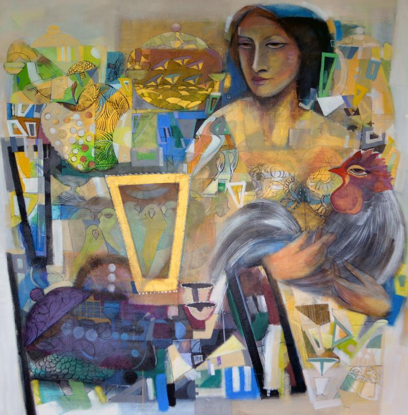 Figurative acrylic painting titled 'Frame 1', 48x48 inches, by artist Madan Lal on Canvas