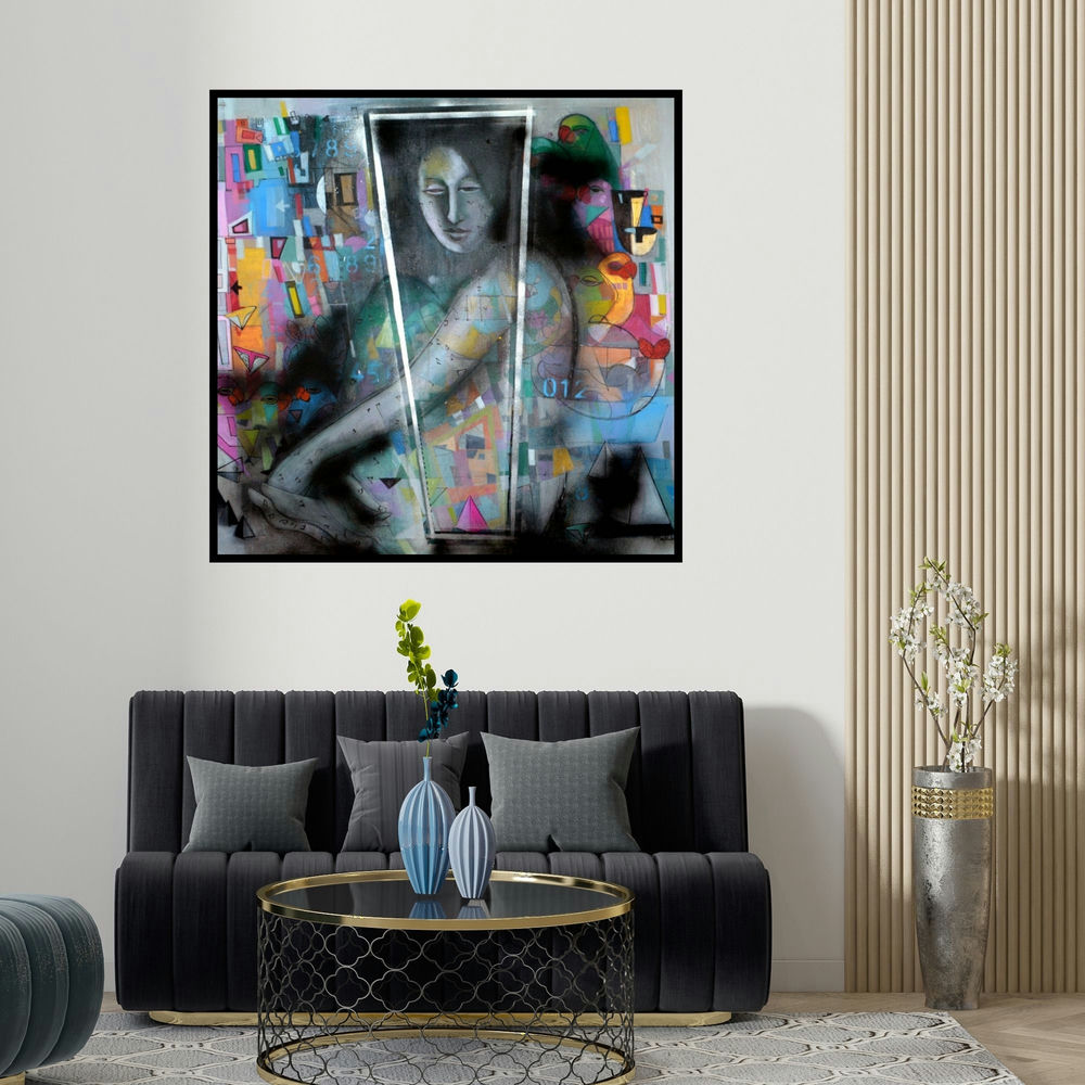 Madan Lal's 'Frame Of Life (Untitled)' painting visualized above a sofa in a contemporary room.