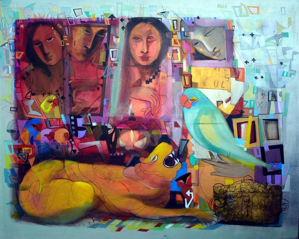 Figurative acrylic painting titled 'Frame Within', 44x54 inches, by artist Madan Lal on Canvas