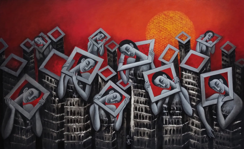 'Framed Dreams 5' figurative acrylic painting by artist Uttam Bhattacharya, 30x48 inch, on canvas