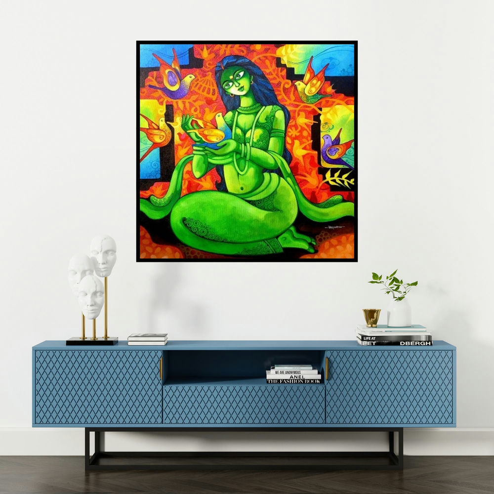 'Freedom (Natures Embrace)' painting by Pradip Goswami shown on a wall in a furnished room.