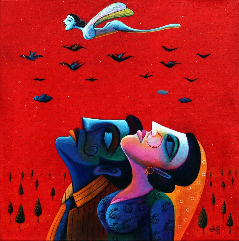 Freedom' figurative acrylic painting by artist Sanju Das, 24x24 inch, on canvas