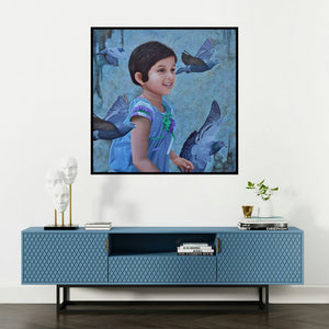 'Freedom' painting by Ramesh Das shown on a wall in a furnished room.