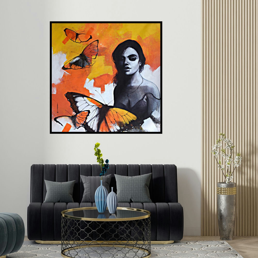 Kishore Pratim Biswas's 'Freedom Of Beauty 16' painting visualized above a sofa in a contemporary room.