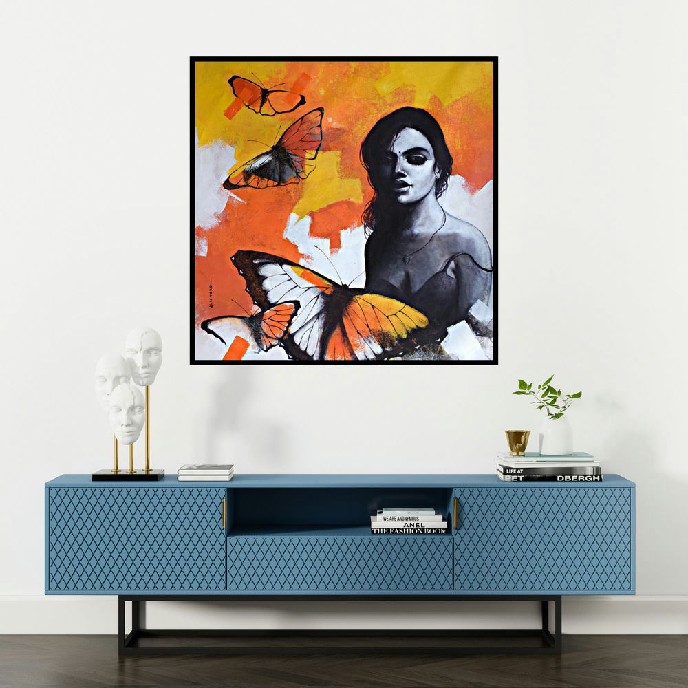 'Freedom Of Beauty 16' painting by Kishore Pratim Biswas shown on a wall in a furnished room.