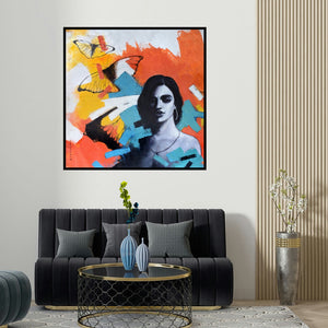 Kishore Pratim Biswas's 'Freedom Of Beauty18 (Freedom of Beauty)' painting visualized above a sofa in a contemporary room.