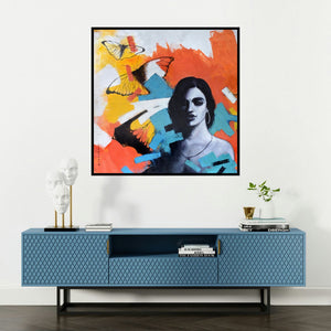 'Freedom Of Beauty18 (Freedom of Beauty)' painting by Kishore Pratim Biswas shown on a wall in a furnished room.