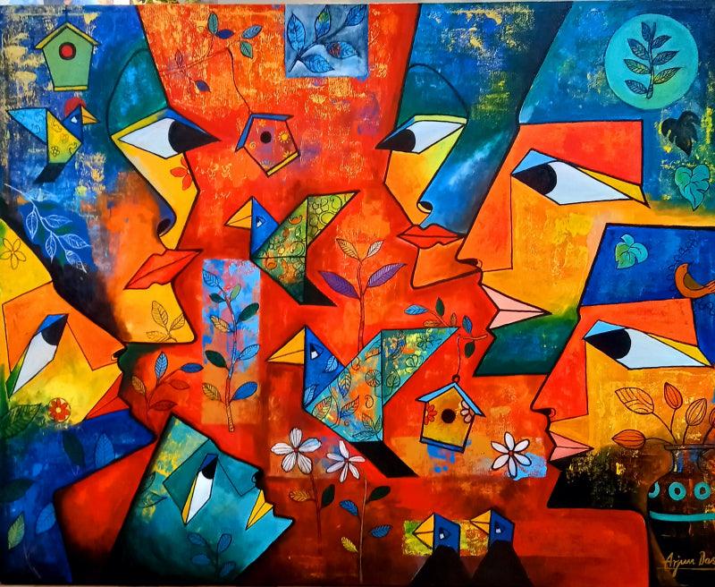 Figurative acrylic painting titled 'Freedom Family', 48x60 inches, by artist Arjun Das on Canvas