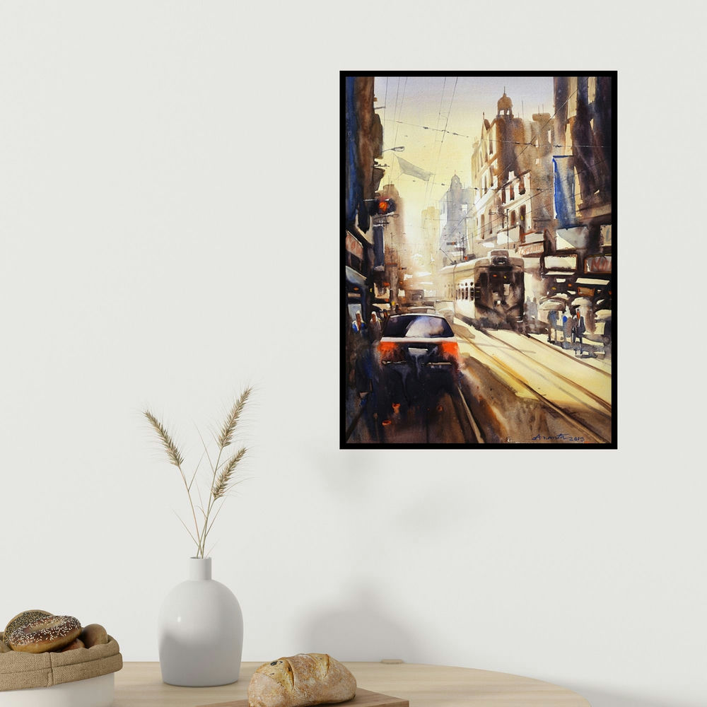 Ananta Mandal's 'Freedom Of Kolkata Ii' painting visualized above a sofa in a contemporary room.